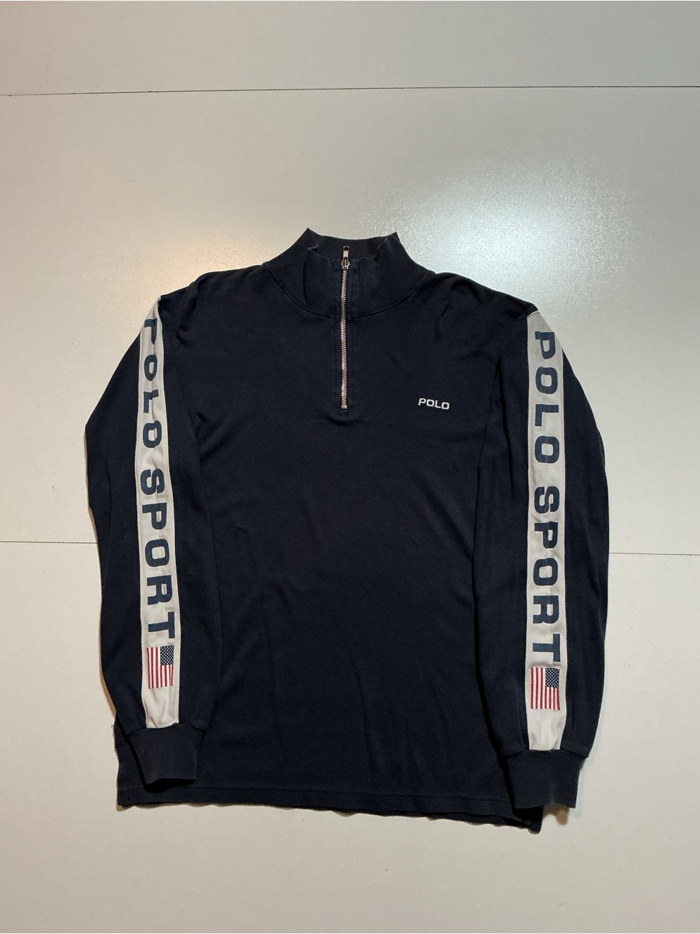 Vintage 90s Polo Sport Ralph Lauren Spellout Flag 1/4 Zip Navy Blue L/S Pullover
